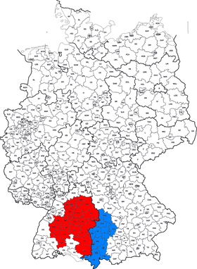 Les limites actuelles de la Souabe en Allemagne : en rouge, le Wurtemberg ; en bleu, le district de Souabe en Bavière.
