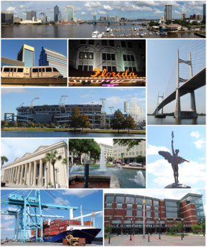 由上至下：杰克逊维尔市中心、傑克孫維城鐵（英语：Jacksonville Skyway）、佛羅里達劇院（英语：Florida Theatre）、达姆斯角大桥（英语：Dames Point Bridge）、TIAA银行球场（英语：TIAA Bank Field）、普賴姆·F·奧斯本三世會展中心（英语：Prime F. Osborn III Convention Center）、詹姆斯·威尔登·约翰逊公園（英语：James Weldon Johnson Park）、紀念公園（英语：Memorial Park (Jacksonville)）的雕塑、杰克逊维尔港（英语：JAXPORT）、威星退伍军人纪念体育馆（英语：VyStar Veterans Memorial Arena）
