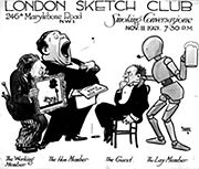 Black-and-white advertisement for an evening of "smoking and conversation", with caricatures of four members of the club