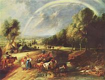 彼得·保羅·魯本斯的《彩虹風景畫（英语：The Rainbow Landscape (1640)）》，94 × 123cm，約作於1640年，來自杜塞道夫畫廊的收藏[58]