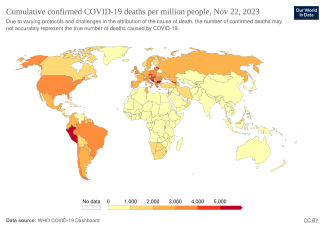 国ごとの100万人あたりのCOVID-19確定死者数を示した地図[60]
