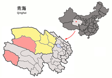 格爾木市（紅色）在海西蒙古族藏族自治州（黃色）和青海省的位置圖