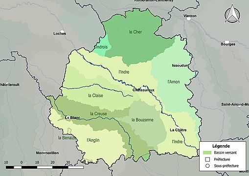 Les principaux bassins versants du département de l'Indre.