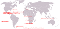 图6.现在的英国海外领地，在图中用红色英文标出（位於地中海塞浦路斯島的亞克羅提利與德凱利亞英屬主權軍事基地，以及有爭議的英屬南極領地並未在圖中標出）