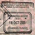 免簽證國家旅客護照上的英法海底隧道入境停留6個月印章。