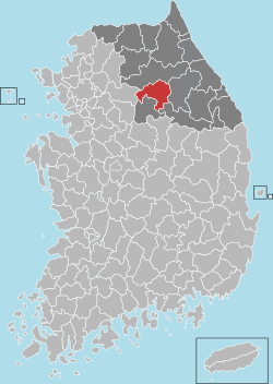 橫城郡在韓國及江原道的位置