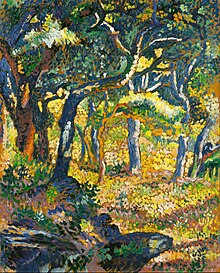 Peinture dans un style pointilliste avec des couleurs sombres pour représenter la forêt et vives pour la lumière dans une clairière