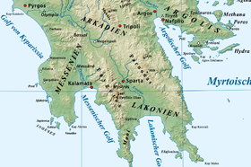 Carte du Sud du Péloponnèse avec le Parnon à l'est.