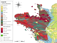 Carte en couleur décrivant la géomorphologie d'une zone s’étendant du Cotentin à la Vendée.