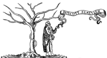 藉由修改其商标图像呼吁抵制爱思唯尔的一幅插画，商标中的橡树和葡萄藤之叶皆落尽