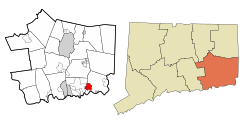 Mystic's location within New London County and Connecticut