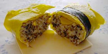 Chakin-zushi (茶巾寿司), wrapped in thin omelette