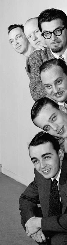 Clockwise from left: Eddie Sauter, Edwin Finckel, George Handy, Johnny Richards, Neal Hefti, and Ralph Burns at the Museum of Modern Art, New York c. 1947[1]