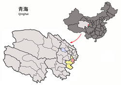 同仁市在青海省的位置以粉紅色標示