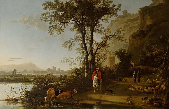 《有骑士、人物和牛的风景》 (约1655年) 藏于沃德斯登莊園