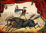 二頭の走る馬の上に立つ曲馬（1874年）