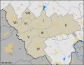 Heuvelland, "deelgemeenten" and neighbouring villages. The yellow areas are urban areas.