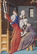 Birth of Esau and Jacob (illumination circa 1475–1480 by François Maitre from Augustine's La Cité de Dieu, at the Museum Meermanno-Westreenianum)