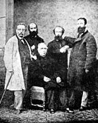 Fernando Garrido, Élie Reclus, José María Orense (seated), Aristide Rey and Giuseppe Fanelli, photograph of 1869.