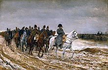 Painting shows a frowning Napoleon leading his generals and staff, all on horseback, along a muddy road. In the background the infantry march under gray skies.