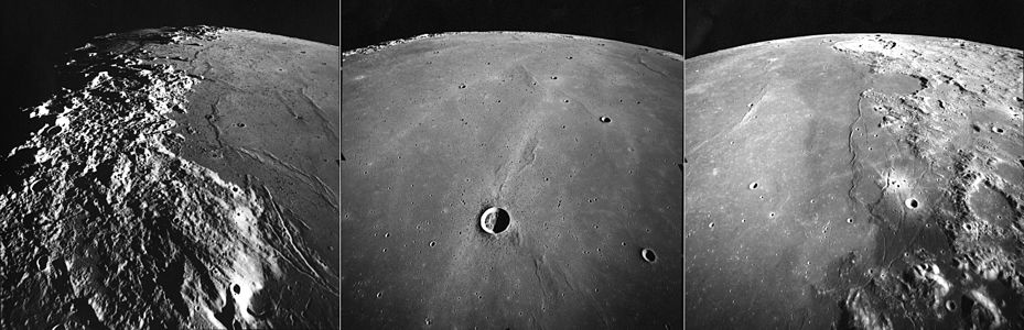 1972年阿波罗7号任务测绘相机拍摄的三幅澄海照片：面朝东北，平均高度107公里。右图是澄海东侧，远处地平线中间是直径95公里的波希多尼环形山，南面被玄武岩覆盖的是勒莫尼耶环形山；皱岭(或皱脊)-阿尔德罗万迪山脊位于中间，右边是利特罗陨石坑，阿波罗17号就登陆在陶拉斯-利特罗谷中的右下角；中图是直径16公里相对较小的贝塞尔陨石坑，两道明亮的光线可能来自南面更远的第谷环形山。左图是澄海西侧，照片中间坐落着高加索山脉，左侧亚平宁山脉，右下角是苏尔皮西乌斯·加卢斯月溪。当美国阿波罗指令舱抵达环月球轨道时，太阳高度从右侧24度降止左侧5度。