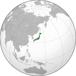 深绿色为日本人民共和国实际控制区域，浅绿色为宣称拥有主权但未实际控制的区域。