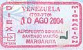 委內瑞拉瑪格麗塔島聖地亞哥·馬里尼奧加勒比國際機場（英语：Santiago Mariño Caribbean International Airport）入境印章