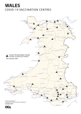威爾斯地區接種點分佈圖（2021年1月）
