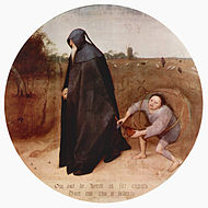 老彼得·勃魯蓋爾的《厭世者（英语：The Misanthrope (Bruegel)）》，86 × 85cm，約作於1568年，來自法爾內塞家族的藏品[42]