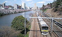 中央本線の複々線区間 （飯田橋駅 - 市ケ谷駅間） 左側2線が緩行線、右側2線が快速電車が走る急行線