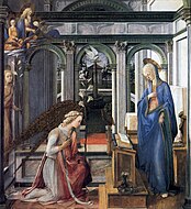 菲利普·利皮的《聖母領報（英语：Annunciation (Lippi, Munich)）》，203 × 186cm，約作於1450年，1850年始藏[12]