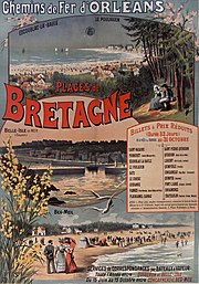 Affiche publicitaire en couleur de 1896 ventant les plages de Bretagne.