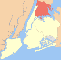 布朗克斯在纽约市的位置，以红色标出。