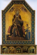 西蒙內·馬爾蒂尼的《多羅薩的聖盧多維科加冕他的弟弟安茹的羅貝爾托（義大利語：San Ludovico di Tolosa che incorona il fratello Roberto d'Angiò）》，中央畫板200 × 138cm，下部繪畫56 × 158cm，約作於1317年，來自拿坡里聖羅倫佐大教堂[7]