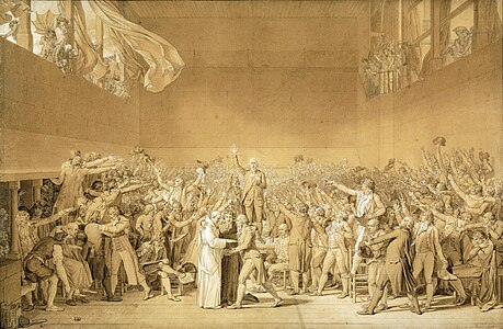 Le Serment du jeu de paume, par Jacques-Louis David (1791). Robespierre est parmi le groupe de députés à la gauche de Bailly (à droite sur l'image), les mains contre la poitrine. Derrière lui, Dubois-Crancé, debout sur une chaise, le bras droit tendu.