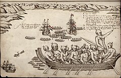 歐洲人對毛利人的第一印象。(1642，哥爾登灣，於塔斯曼的航程中) 作者:Isaack Gilsemans[67]