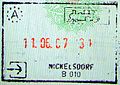 奧地利-匈牙利邊界地帶尼克爾斯多夫（奧地利）的鐵路旅行入境印章，當時匈牙利尚未加入申根區。