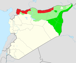 深綠色：北部和东部叙利亚自治行政区单独控制領土 浅绿色：北部和东部叙利亚自治行政区和叙利亚政府共管領土 紅色：现由土耳其佔領的叙利亚领土