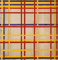 Vertical and horizontal strips in blue, red, yellow and black on a white background. The horizontal strips are closer on the top.