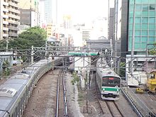渋谷駅付近（2005年） 。右側の2本の線路が山手貨物線（電車は埼京線205系）。左側の電車は山手線E231系。2020年に渋谷駅の埼京線のホームは北に350メートル移設された。