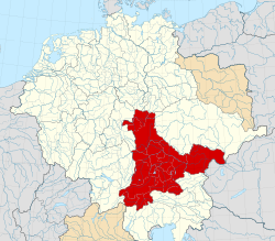 約公元1000年神聖羅馬帝國內的巴伐利亞公國（紅色，包括奧地利藩侯國）