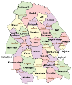 Location of Dasht-e Azadegan County in Khuzestan province (center left, purple)