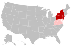 深紅色的州屬於大西洋中部和東北地區，而粉紅色的州屬於大西洋中部和東南地區。