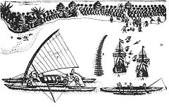 湯加塔布島海灣與兩艘船，Isaack Gilsemans繪製。