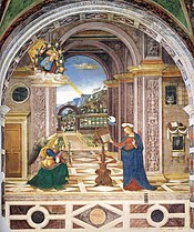 Pinturicchio, L'Annonciation Fresques de la chapelle Baglioni (l'autoportrait est à l'extrême droite)