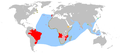 图3.时间交错的葡萄牙帝国（1415年-1999年）地图，红色代表实际占有领土，粉红色代表勘探地、贸易影响地区以及宣称占有的陆域，蓝色代表勘探海域、航海路线和影响力所及的海域（不包括有争议的澳大利亚的发现）