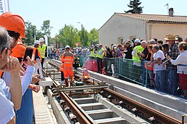 22 mai 2018 : 1re soudure de rail sur la commune d'Eysines, rue Gabriel Moussa.