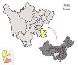 左下方顯示古藺縣（粉紅色）在瀘州市的位置，主圖是瀘州市（黃色）在四川省的位置