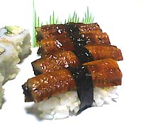 Unagi (鰻寿司, teriyaki-roasted freshwater eel) sushi