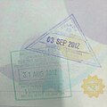 泰國護照上的伍拉·賴國際機場（峇里島）與朱安達國際機場（泗水）入、出境印章。